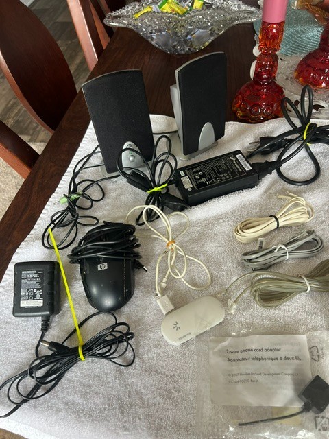 LOT OF MISC COMPUTER / PHONE / TV CABLES WIRES SPEAKERS CHARGERS