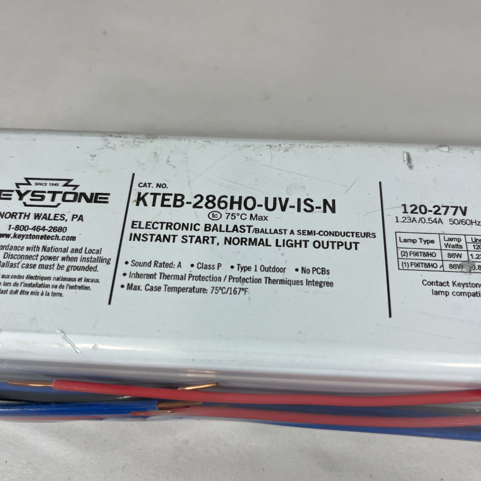 New Keystone Electronic Ballast #KTEB-286HO-UV-IS-N