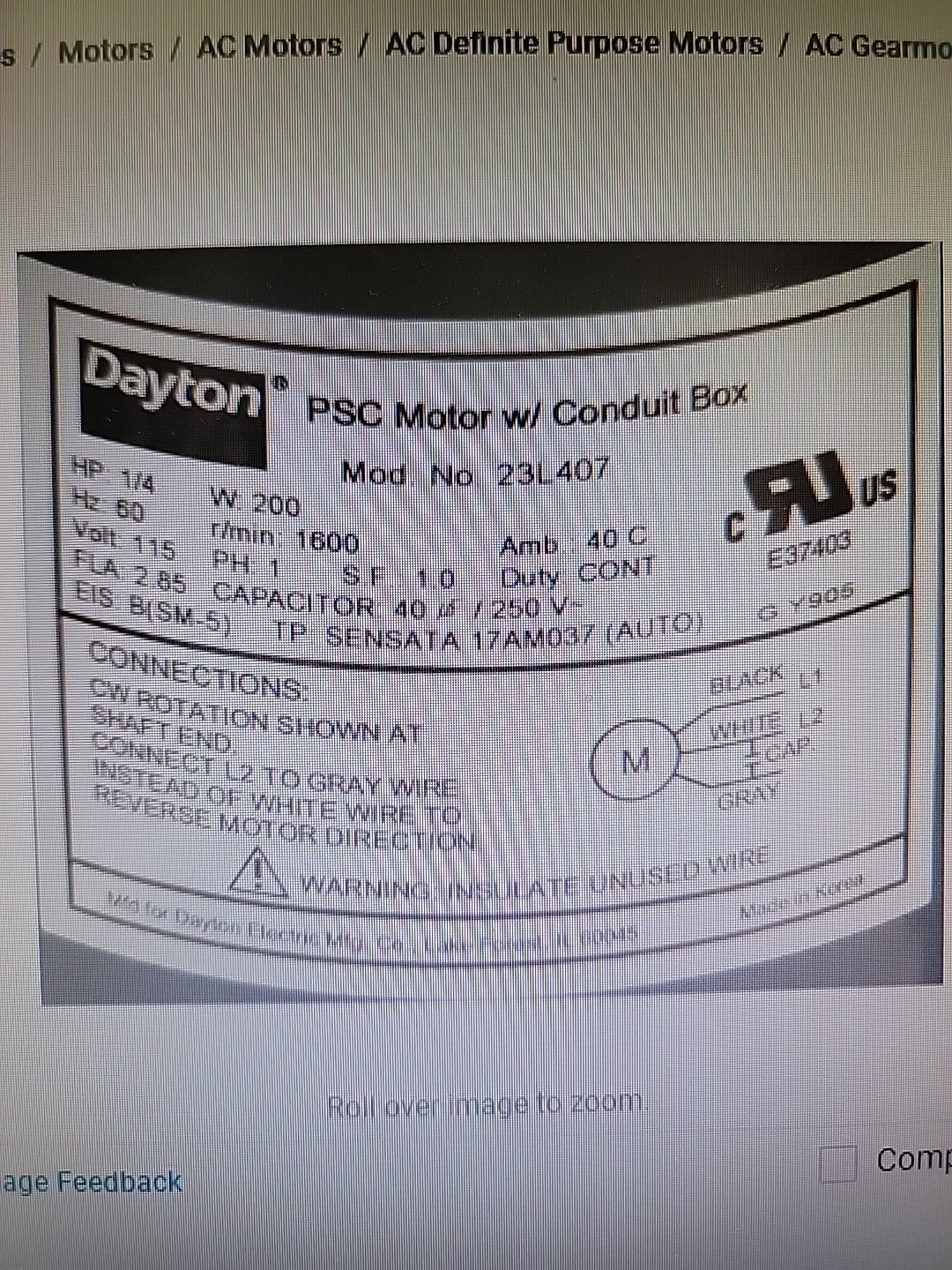 Dayton 23L407 Ac Mtr, Psc, Tefc, 1/4 Hp, 1600 Rpm