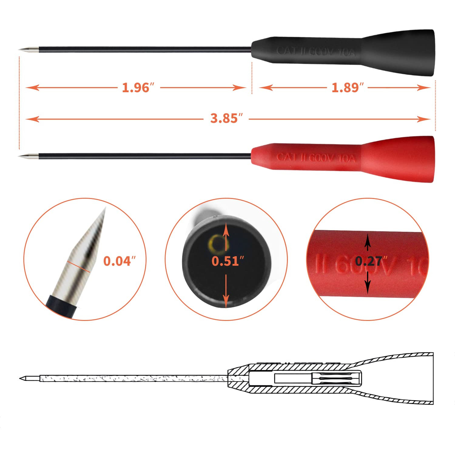 2 Pack 2Mm Extended Needle Test Probes, 600V/10A Non-Destructive Multimeter Test