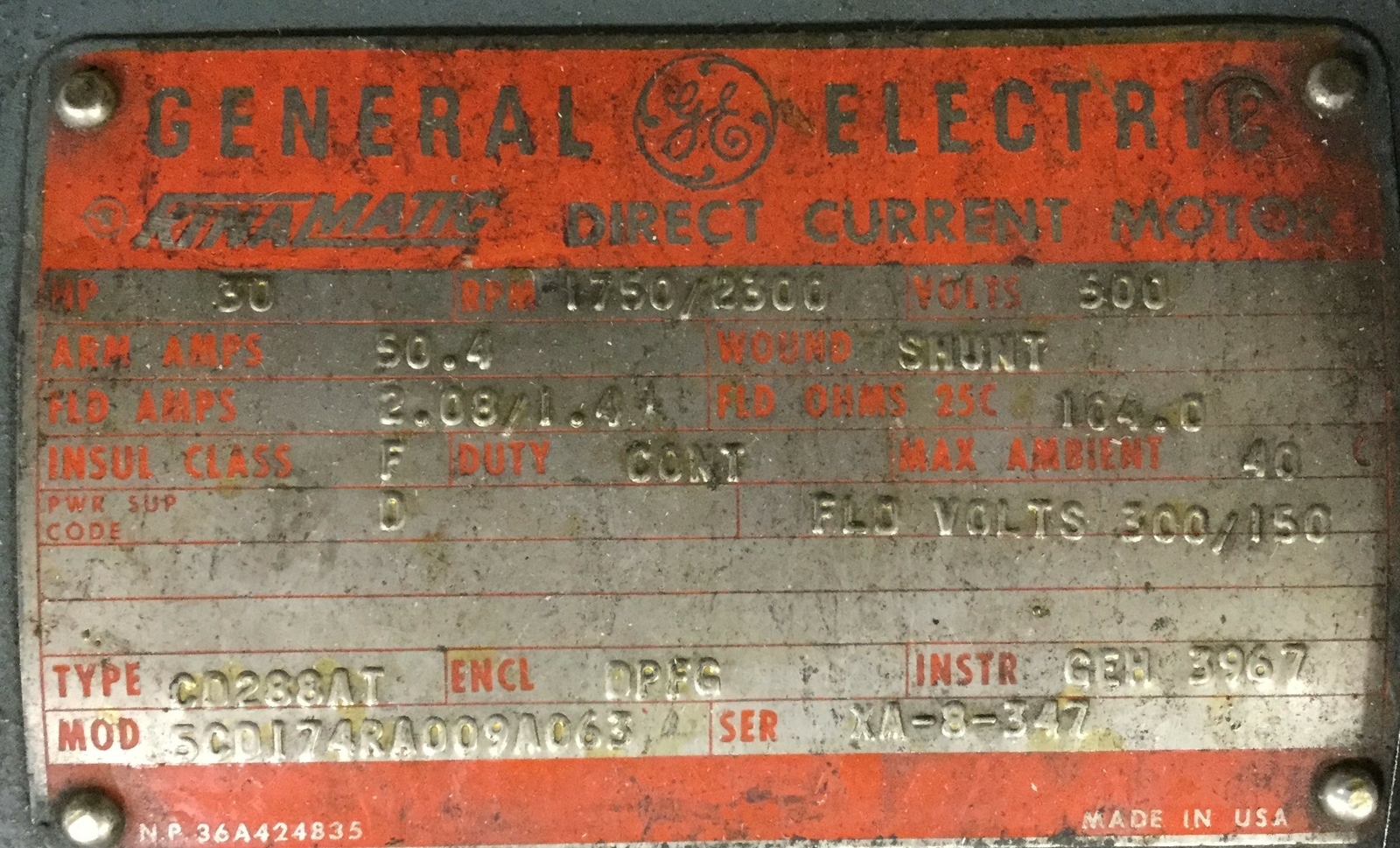 GE CD228AT KINAMATIC DC Shunt Motor 30HP 500VDC 1750/2300RPM, Field 300/150VDC