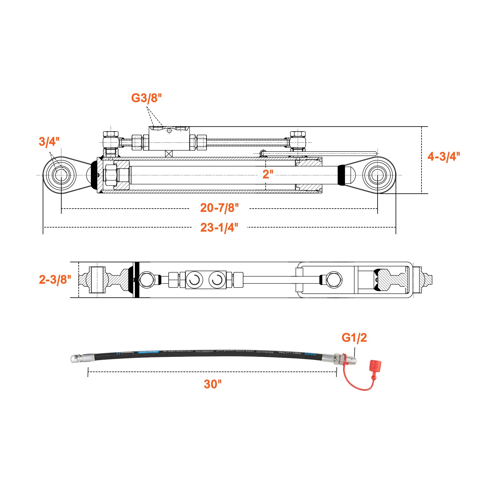 Uimoso Hydraulic Top Link Cat.1-1 / Cat.2-2 18 1/8″ – 31 7/8″ with 2x Hoses