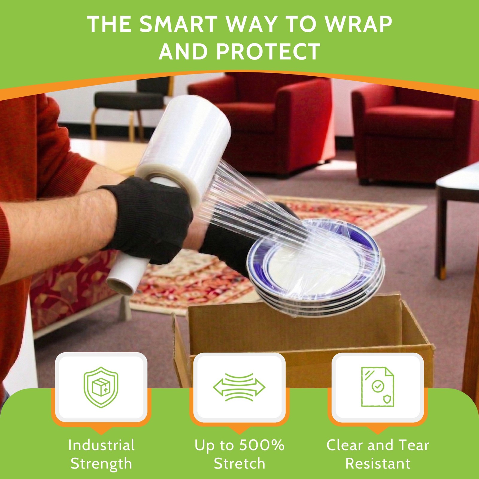 Clear Mini Stretch Shrink Wrap, 12 Rolls, 5″x1000′, 80 Ga, Pre-Attached Handles