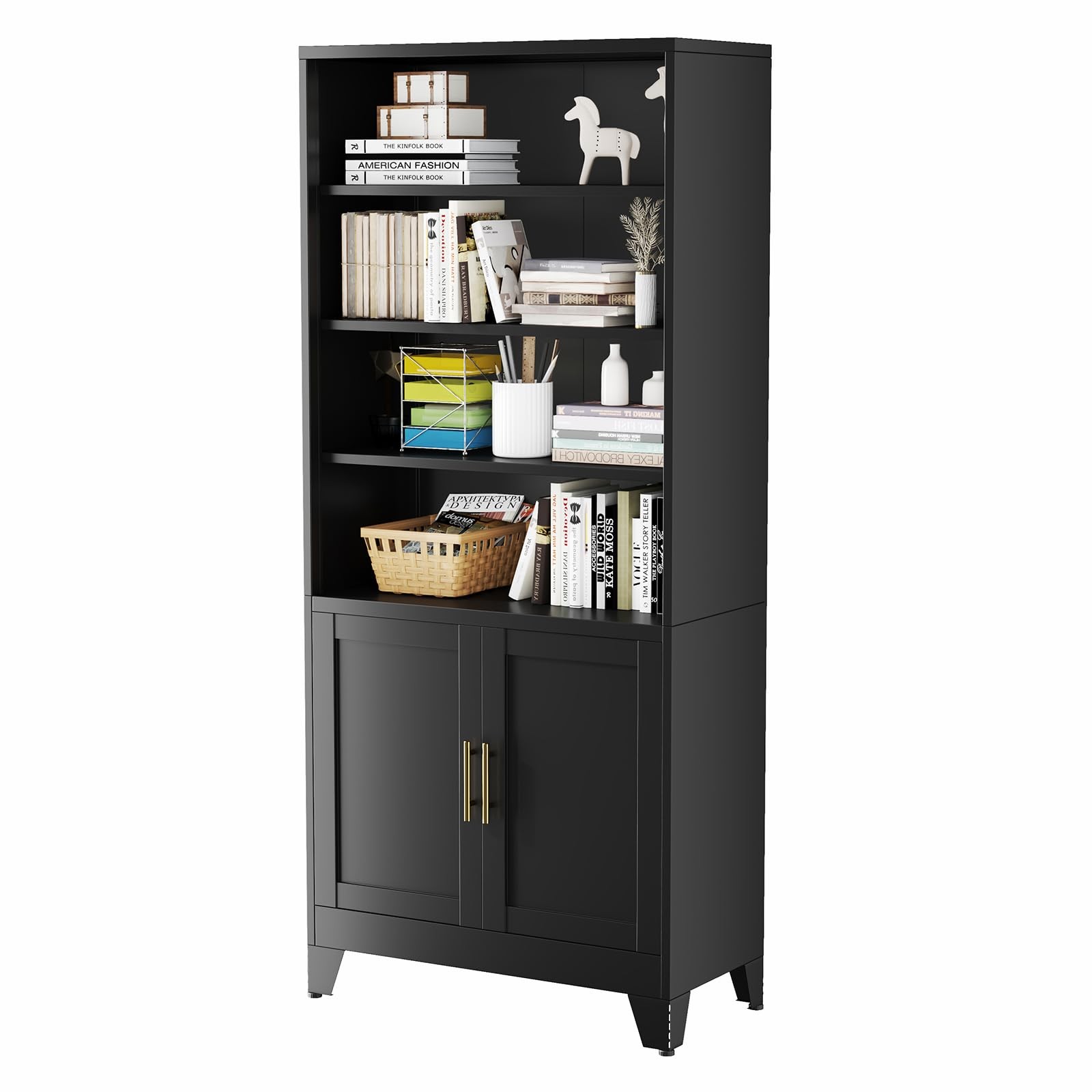Metal Bookcase Doors 6-Shelf 71in Display Storage Home Office Living Room Black