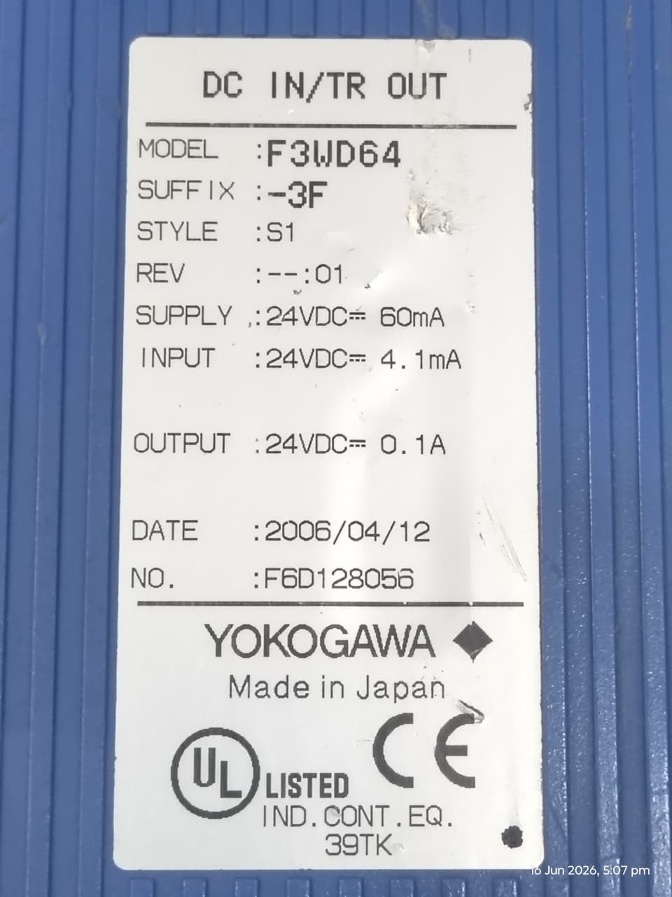 Yokogawa F3WD64 F3WD64-3F F3WD643F DC IN/TR Out Programmable Controller