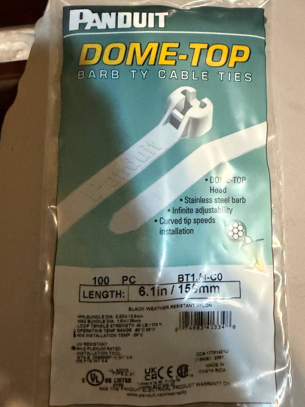Panduit BT4LH-TL0 Dome-Top Barb Ty Cable Tie