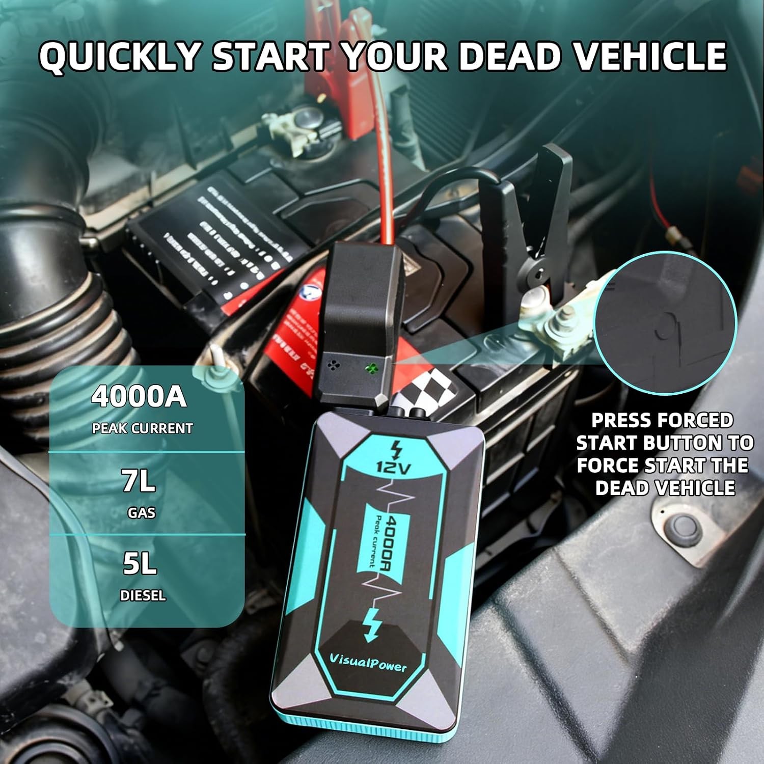 4000A Peak Jump Starter Handy pocketable 12V car Jumper Box and Motorcycle Boost