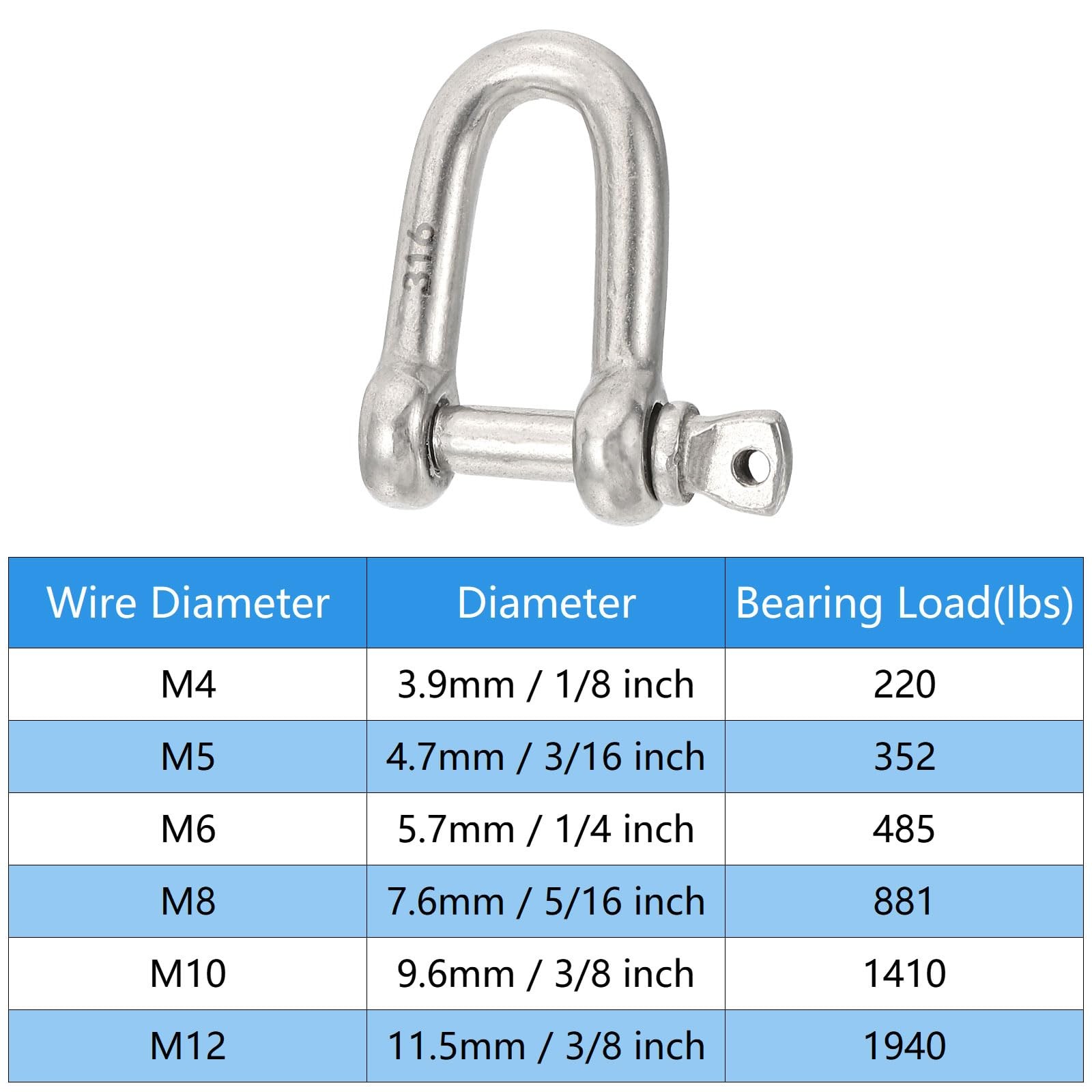 3/16″(4.6mm) 353lb 316 Stainless Steel D Shackle, 8Pcs Heavy Duty Screw Pin S…