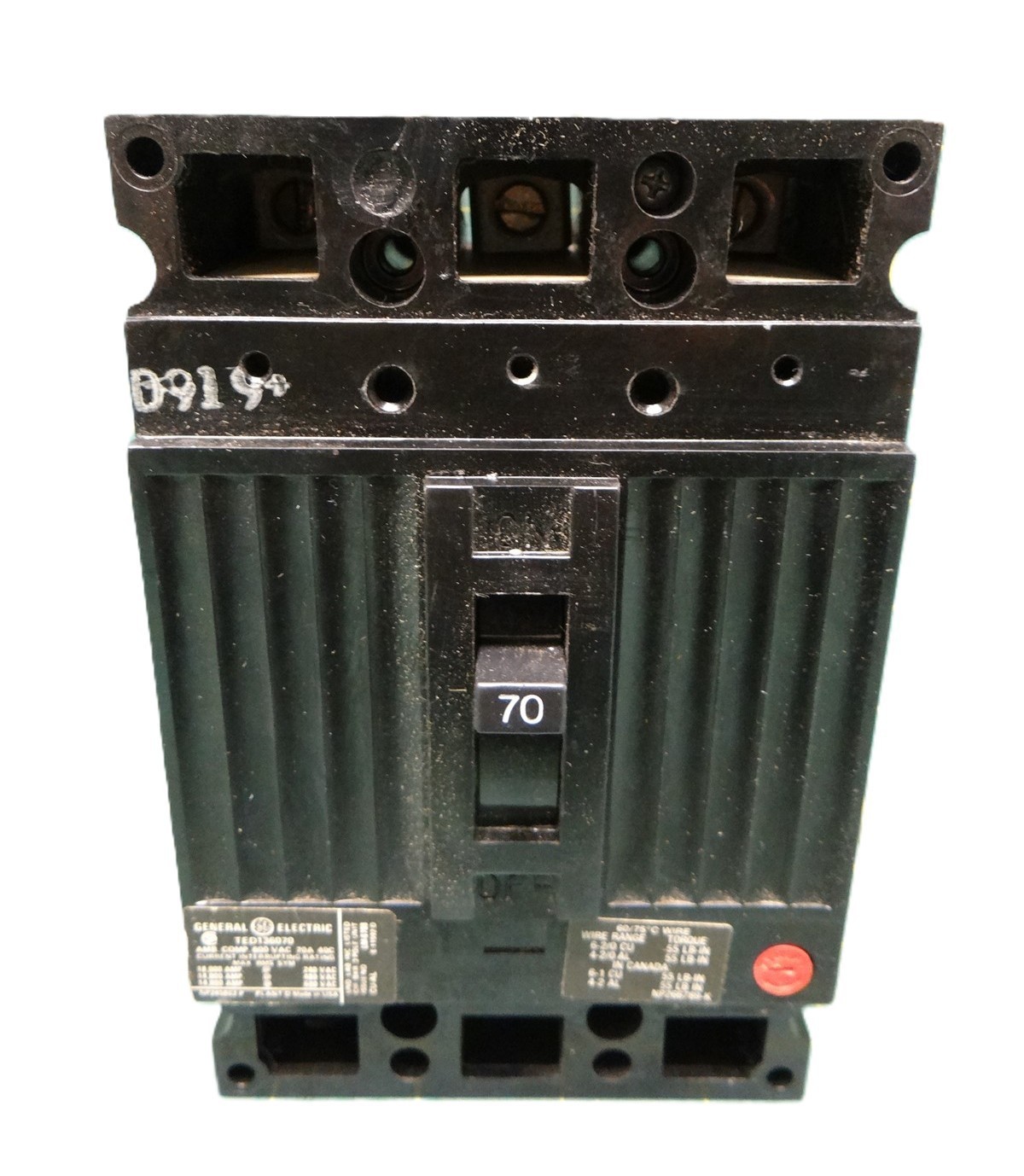 General Electric Circuit Breaker TED136070 3 Pole 70AMPS 600 VAC 18kA@480V