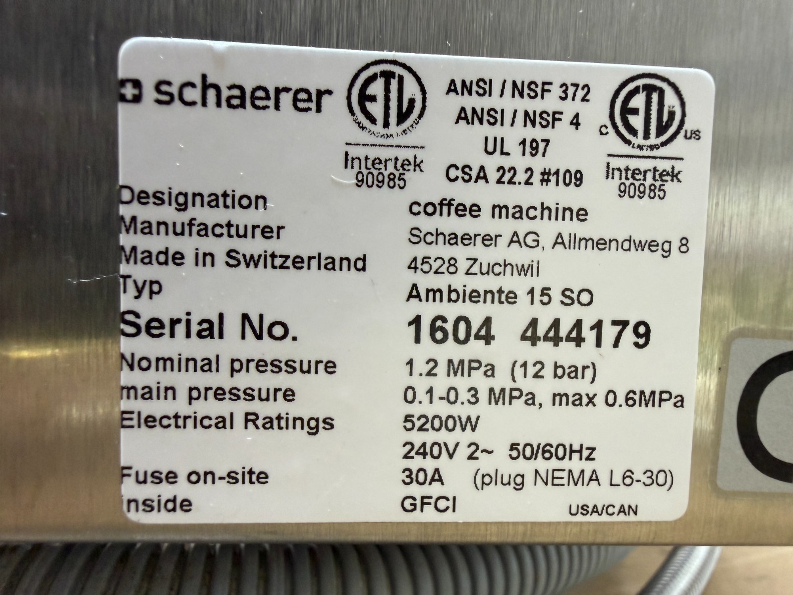 Schaerer Ambiente 15 Verismo 701 Automatic Espresso Machine Built-in Grinder