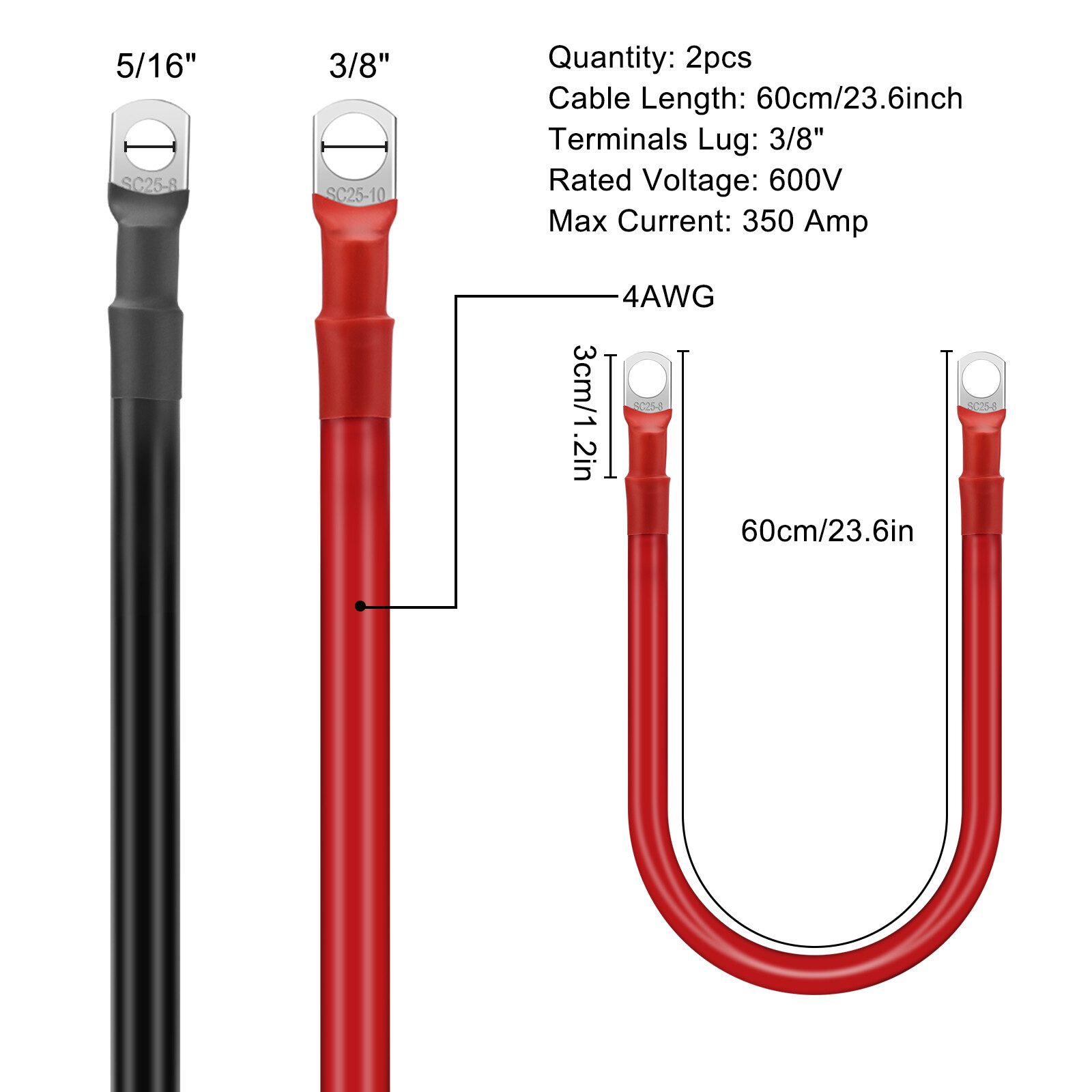 2 pcs 4 AWG Gauge 24inch Battery Cable 5/16 or 3/8 Copper Car Solar Power Wire