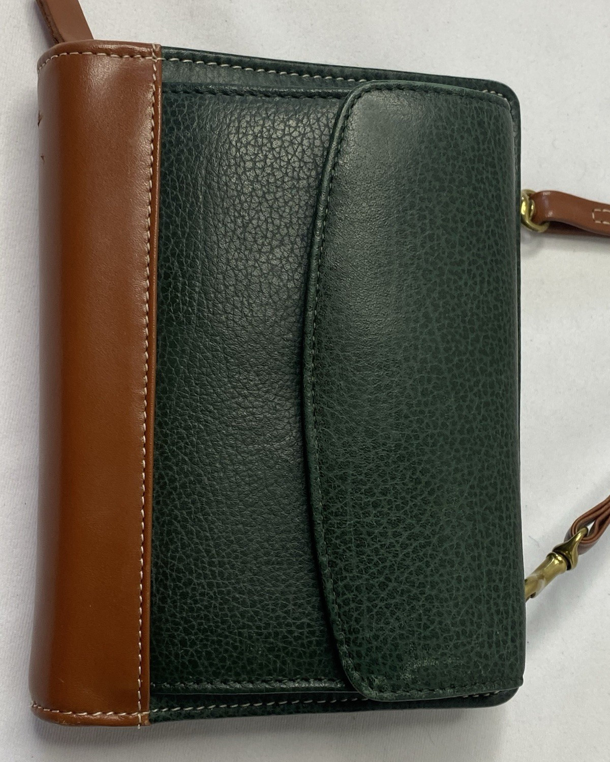 VINTAGE FRANKLIN QUEST ZIP PLANNER LEATHER GREEN/BROWN W/ADJ STRAP 6-1″ RINGS