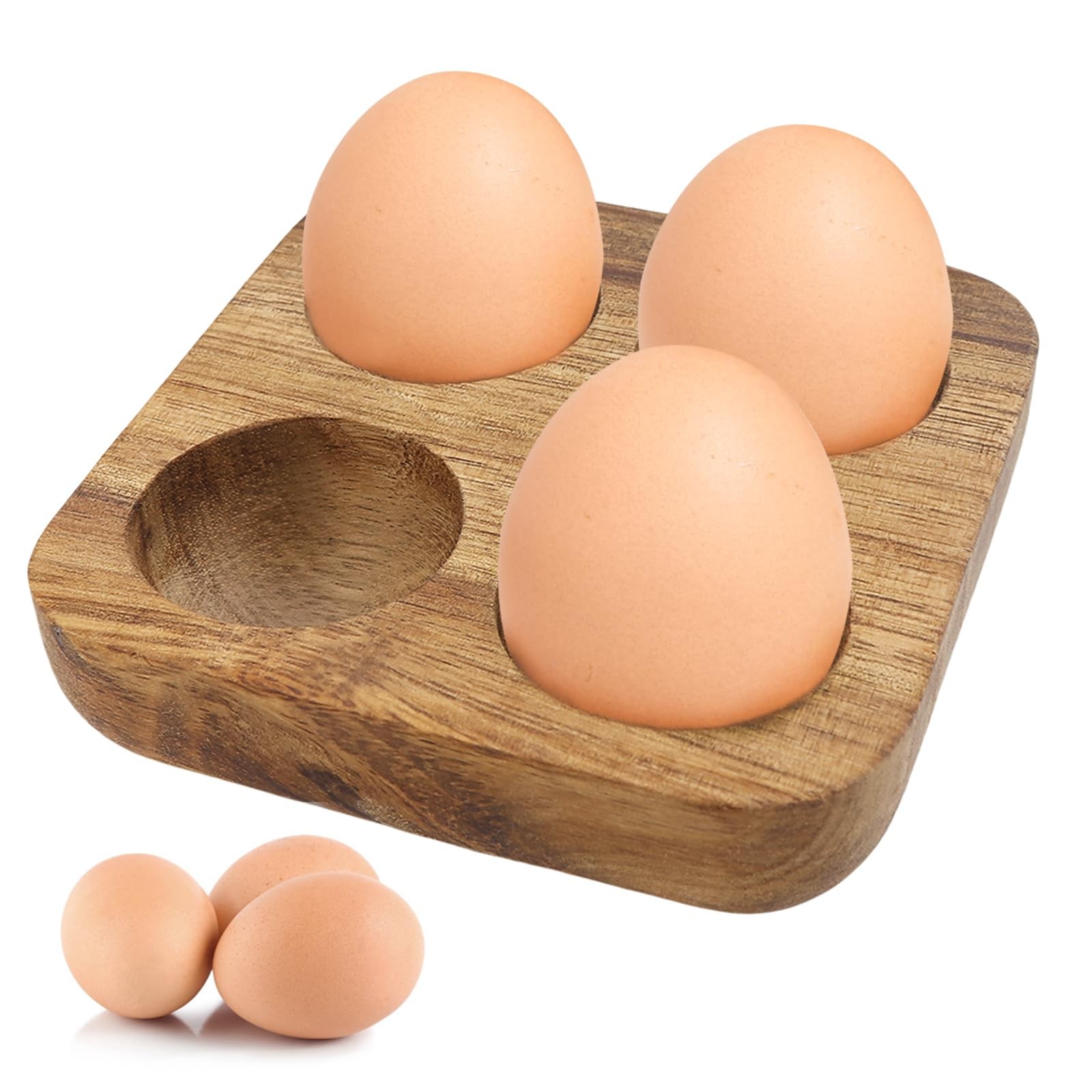 4 Slots Wooden Egg Tray, Holder for Kitchen Refrigerator Countertop brown