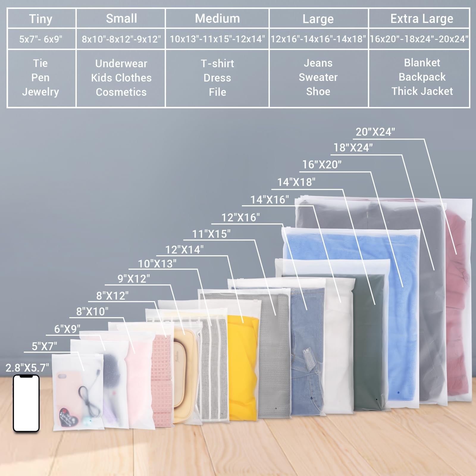 50 Count 14×18 Inch 2-Gallon Frosted Zipper Bags for Clothes Sweaters Hoodies