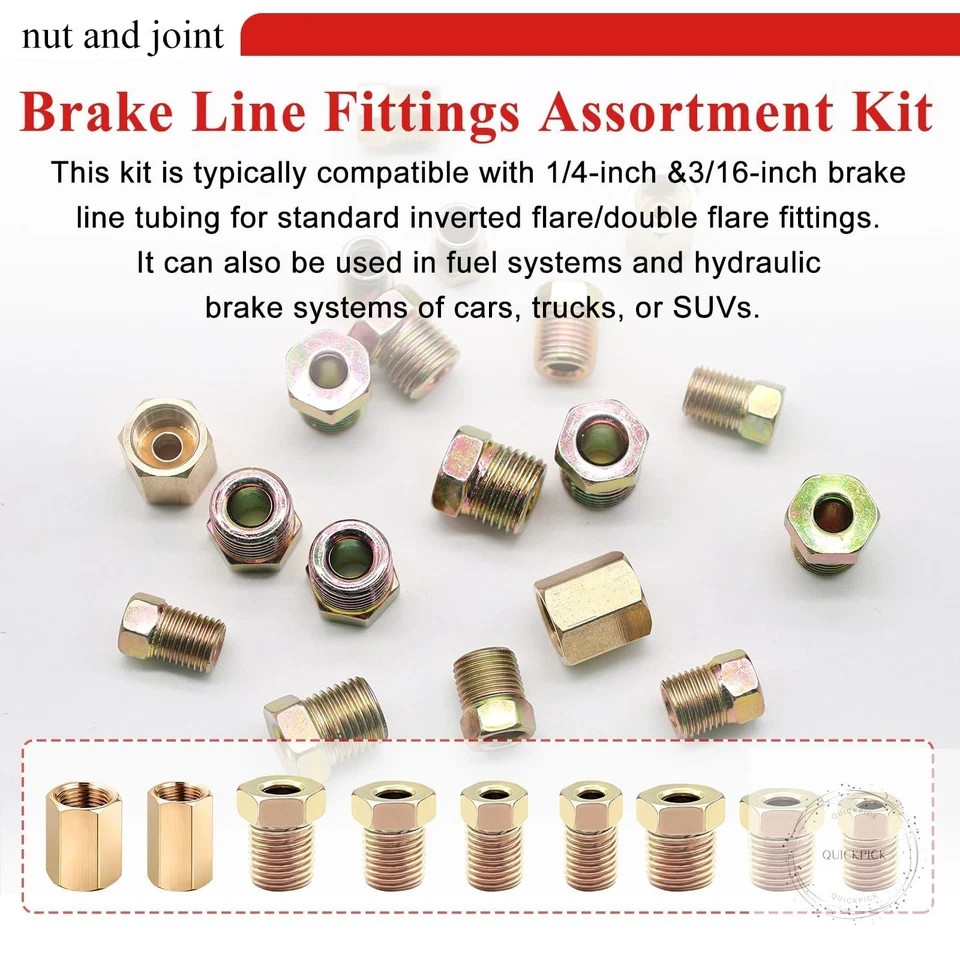 3/16″ & 1/4″ Brake Line Fittings Assortment Kit,3/8 Inch-24 Threads Nuts and Uni