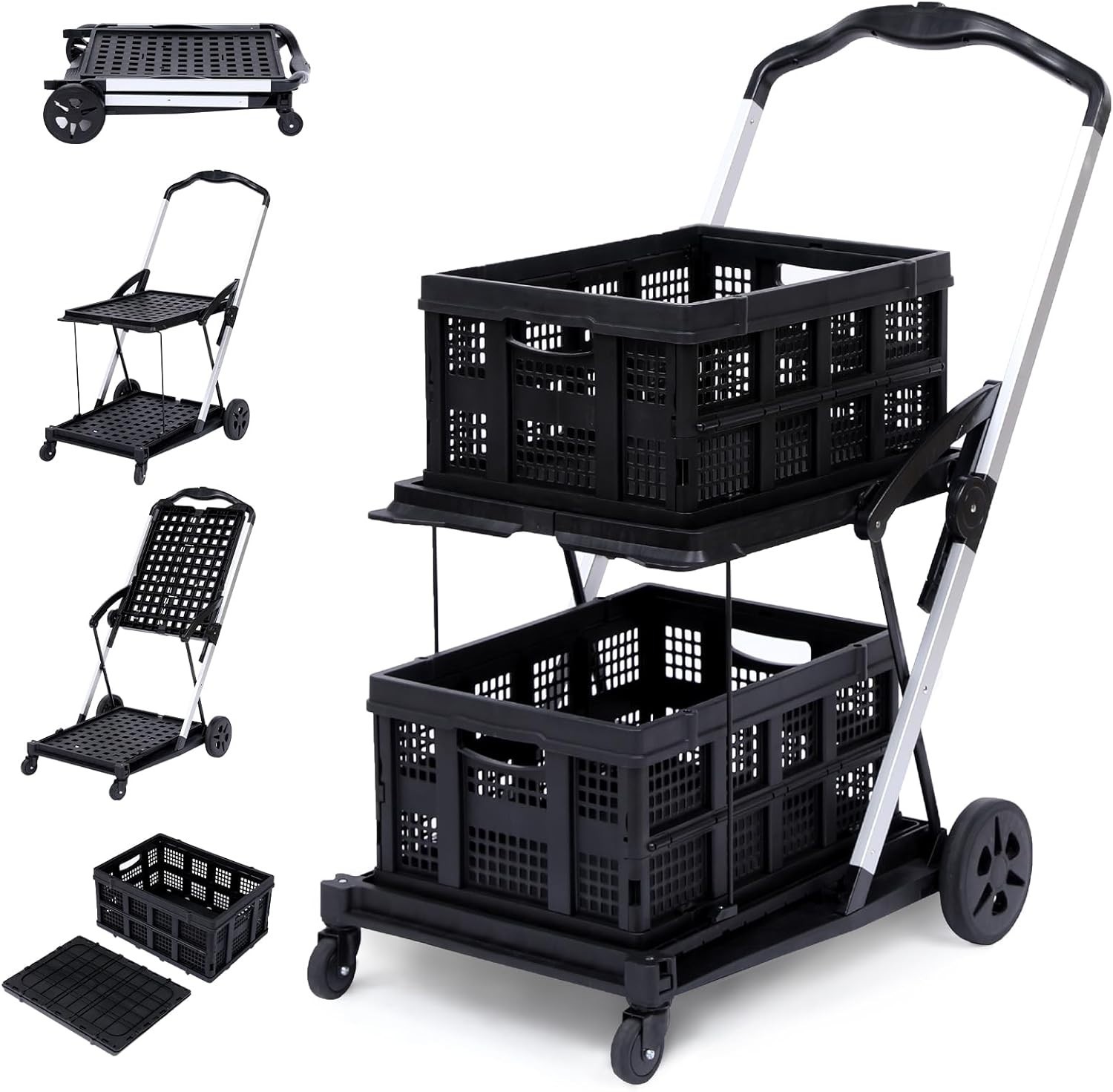 Folding Shopping Cart With Wheels Collapsible Cart with Storage Crate 2-Layer