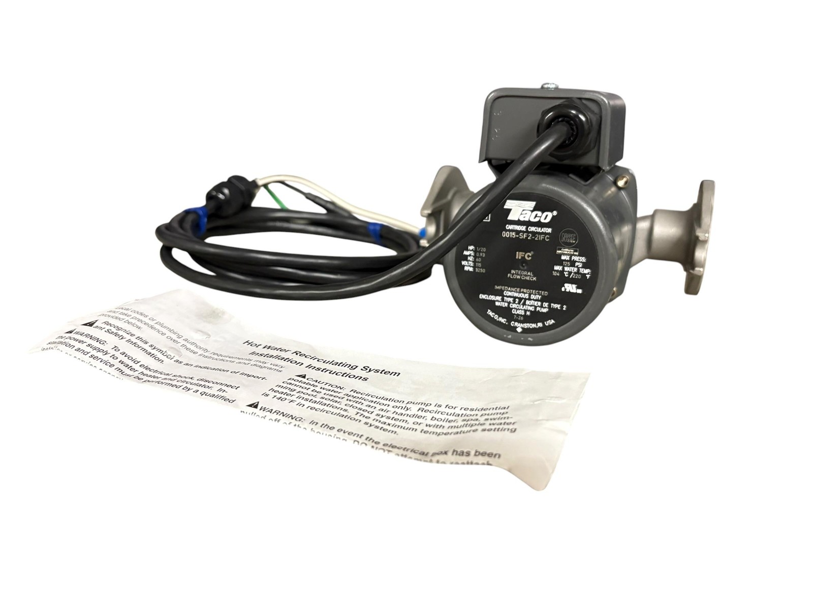 Taco HOT WATER RECIRCULATION SYSTEM TACO Circulator Pump 0015-SF2-2IFC 1/20 HP