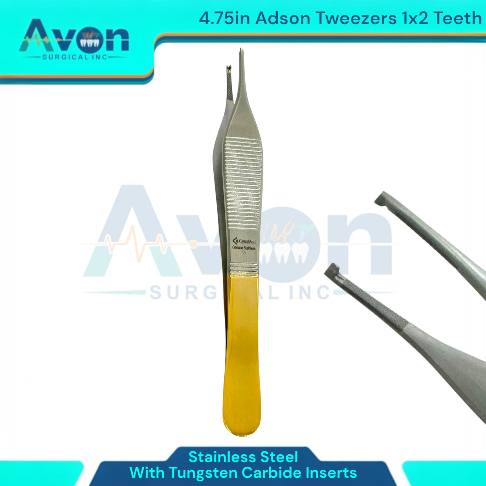 Gold Handle 1×2 Teeth Adson Tissue Forceps, 4.75in, w/ TC Inserts – German Steel
