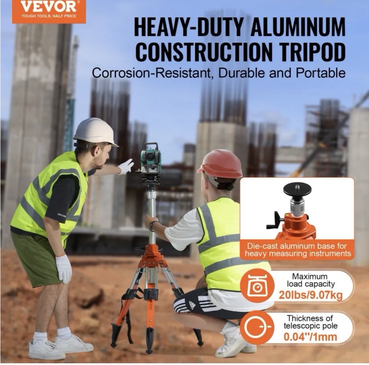 VEVOR Laser Level Tripod Stand 5/8″-11 Thread 27.16-67.71 in Height Adjustment