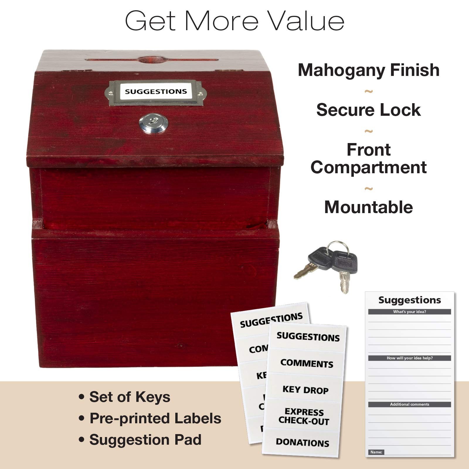 EXCELLO GLOBAL PRODUCTS Red Mahogany Suggestion Box with Lock: Wooden Ballot …