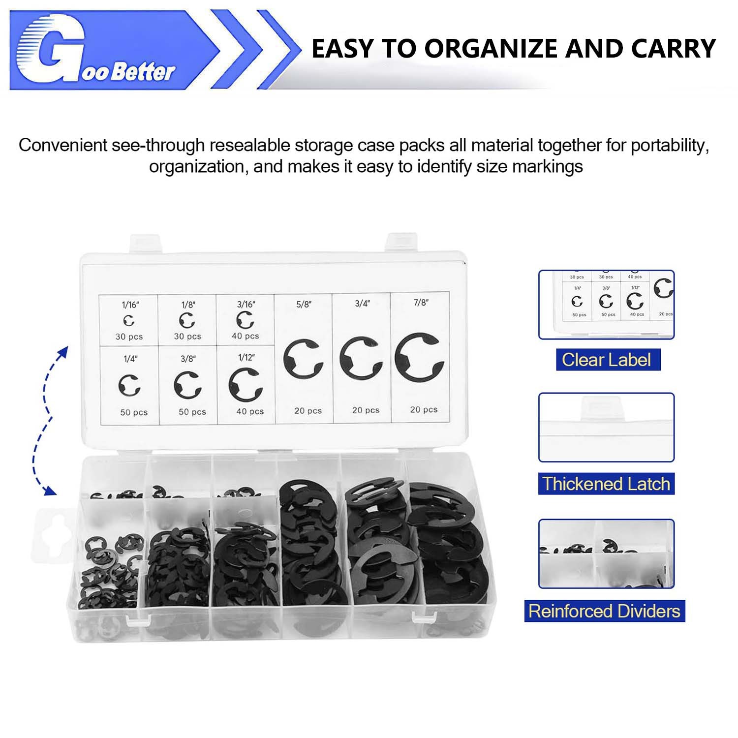 300 Pcs E-Clip Assortment Set Heat Treated High Carbon Circlip Kit 9 SAE Sizes