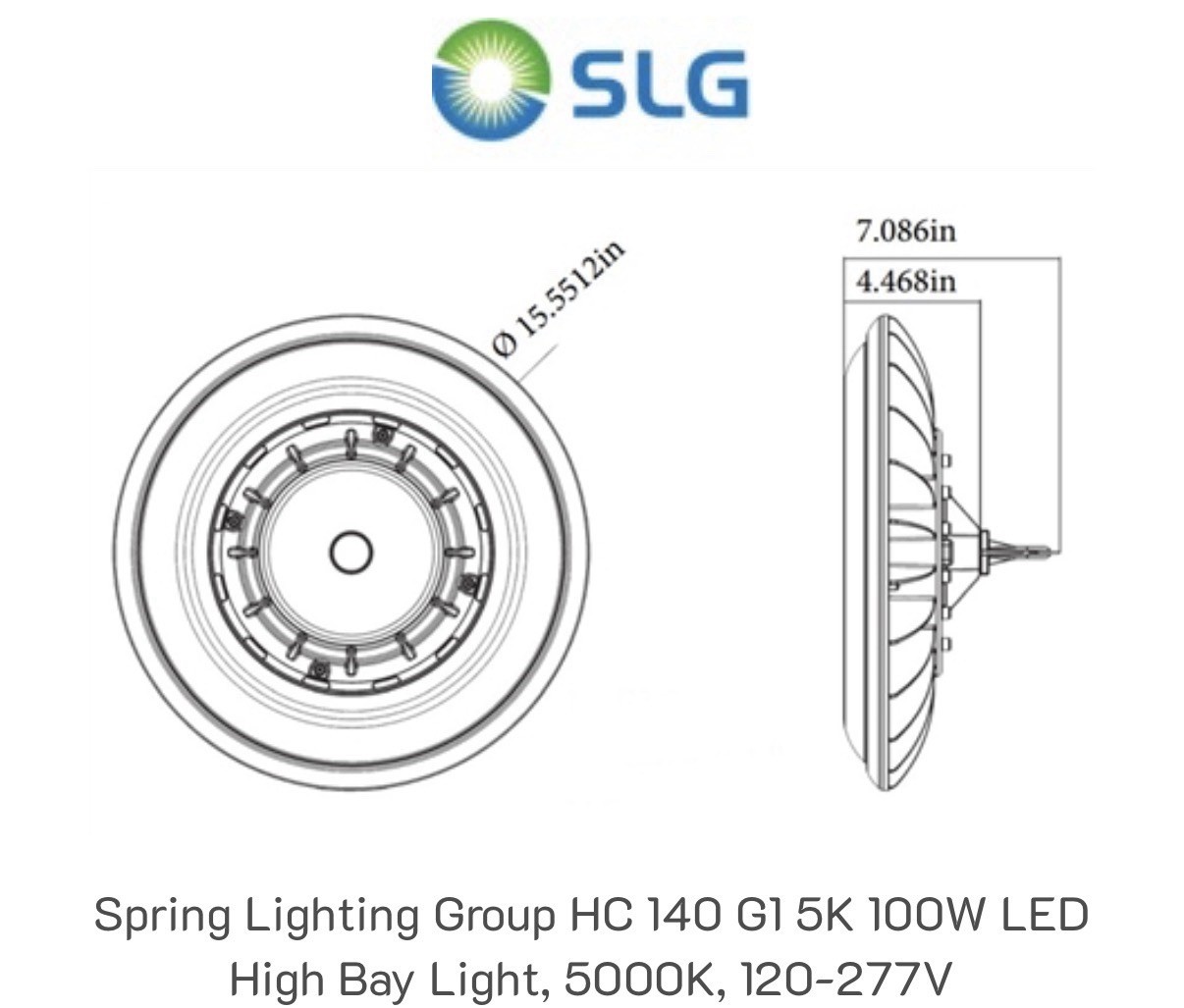Spring Lighting Group HC 140 G1 5K 100W LED Round High Bay Light, 5000K,120-277V