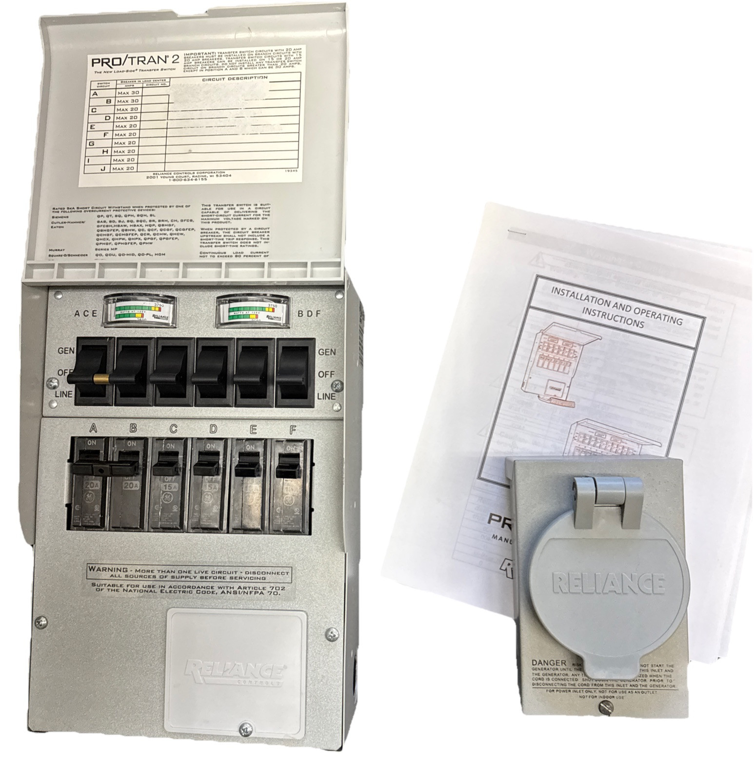 Reliance Controls Pro Tran 2 Generator Power Transfer Switch 6 Circuit W/Plug