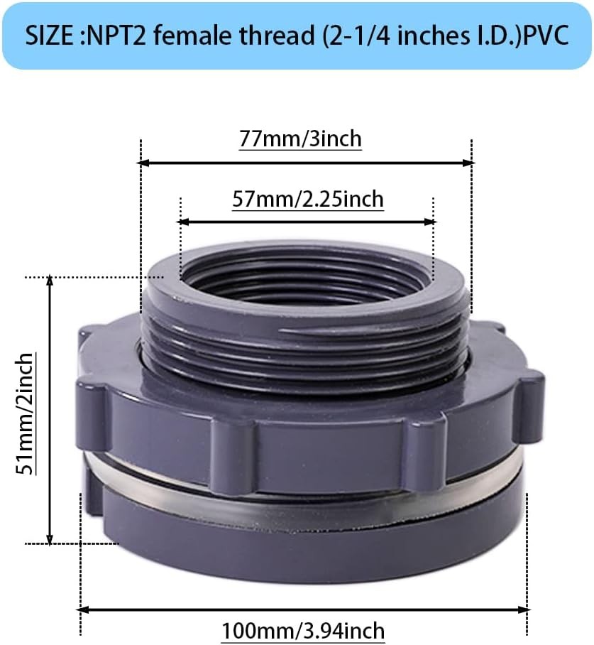 2 Inch PVC Bulkhead Fitting for Water Barrel, Water Tank, Rain Barrels,Npt2 Fema