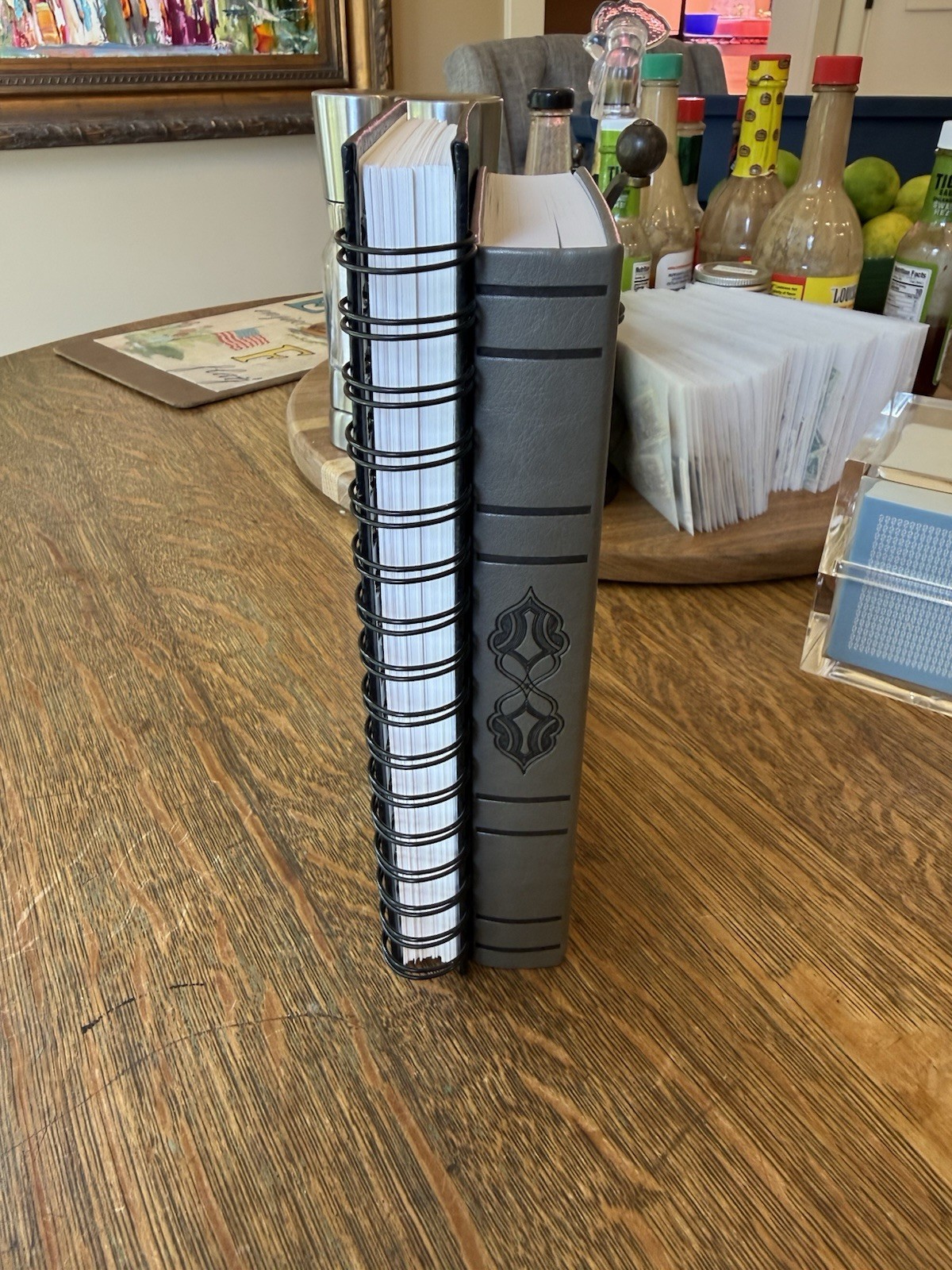 Two Journals Blank Pages One Carved Leather Bound, One Spiral Bound Leatherette