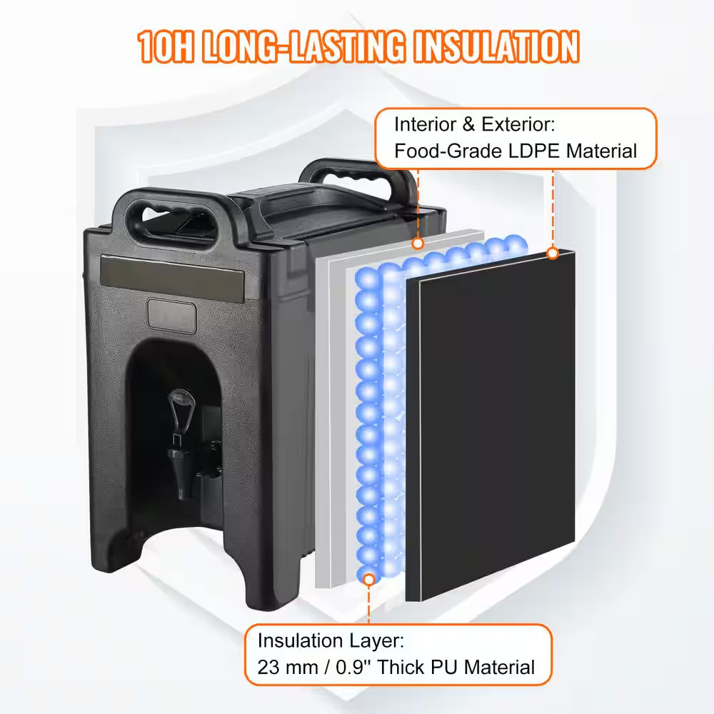 2.5 Gal. Insulated Beverage Dispenser, Food-Grade LDPE Thermal Drink Server, Hot