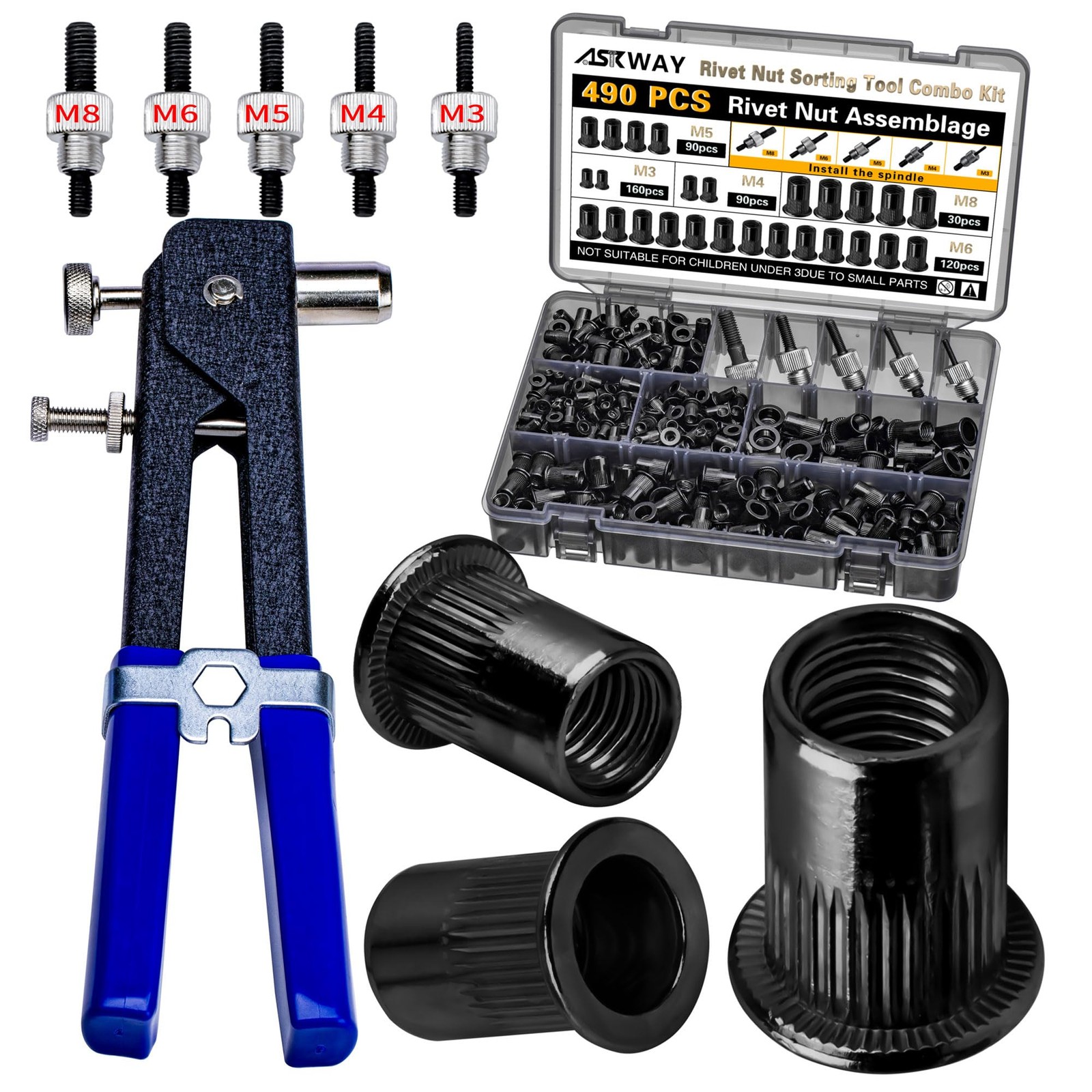 Rivet Nut Tool Kit 490Pcs Black Metric M8 M6 M5 M4 M3 For Automotive Marine Indu
