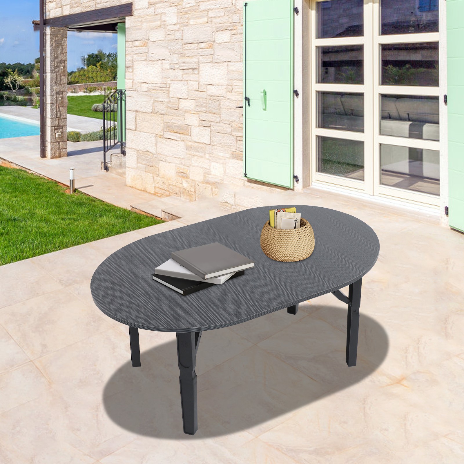 Coffee Table -80x48x36cm- Black Brushed Tabletop Folding Table For Small Place.