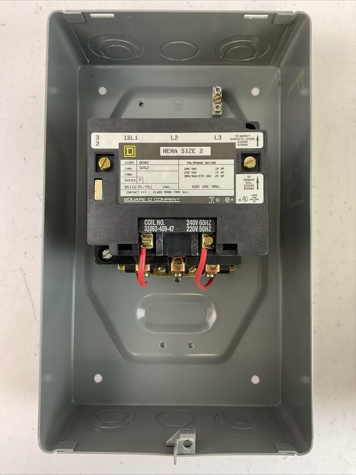 SQUARE D 8502 SDG2V03 SER A AC MAGNETIC NEMA RATED CONTACTOR IN TYPE 1 ENCLOSURE