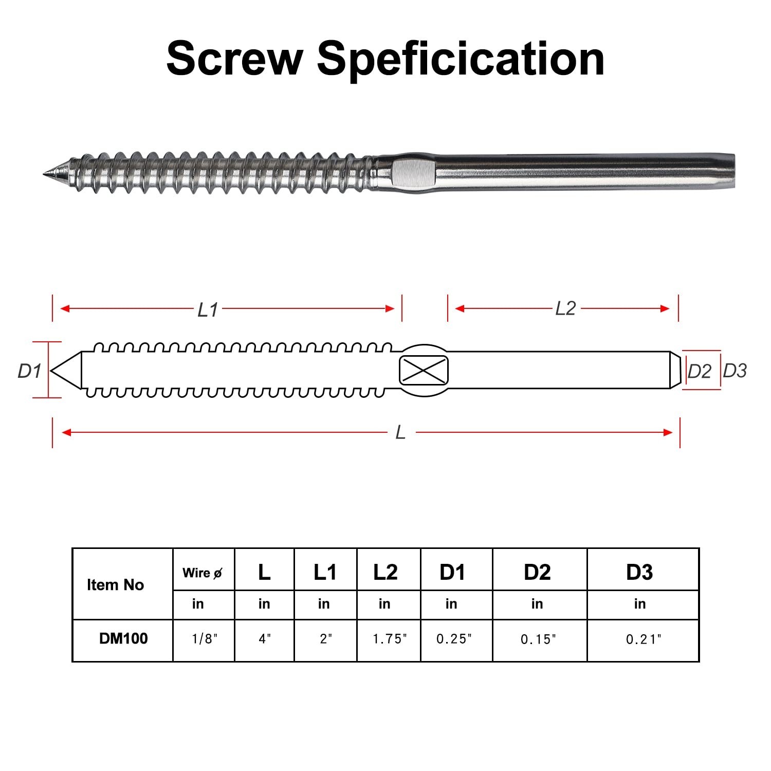 120 Pack T316 Stainless Steel Left&Right Handed Thread Swage Lag Screws for W…