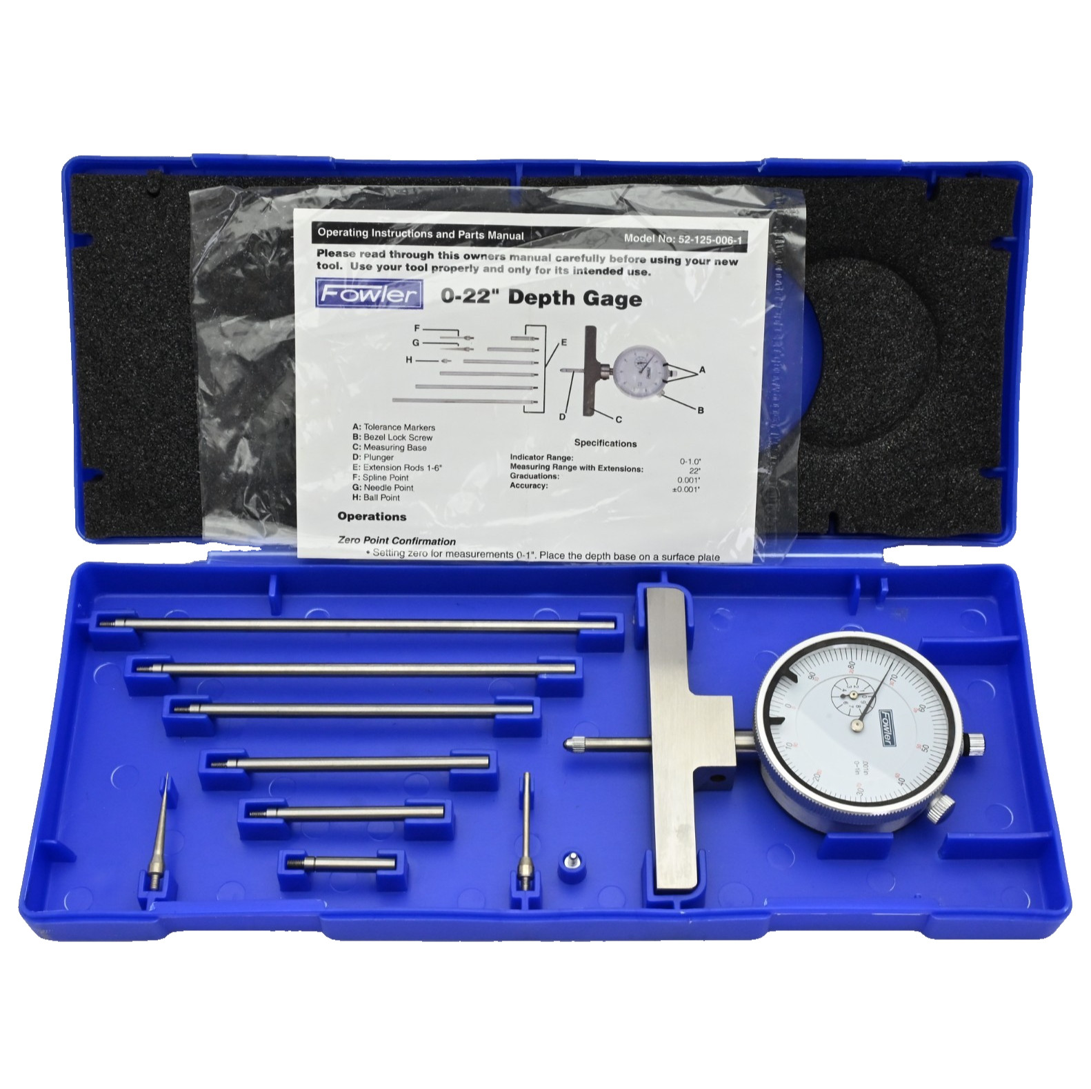 Fowler 52-125-006-1 0-22″ Depth Gage Set w/ Case and Accessories