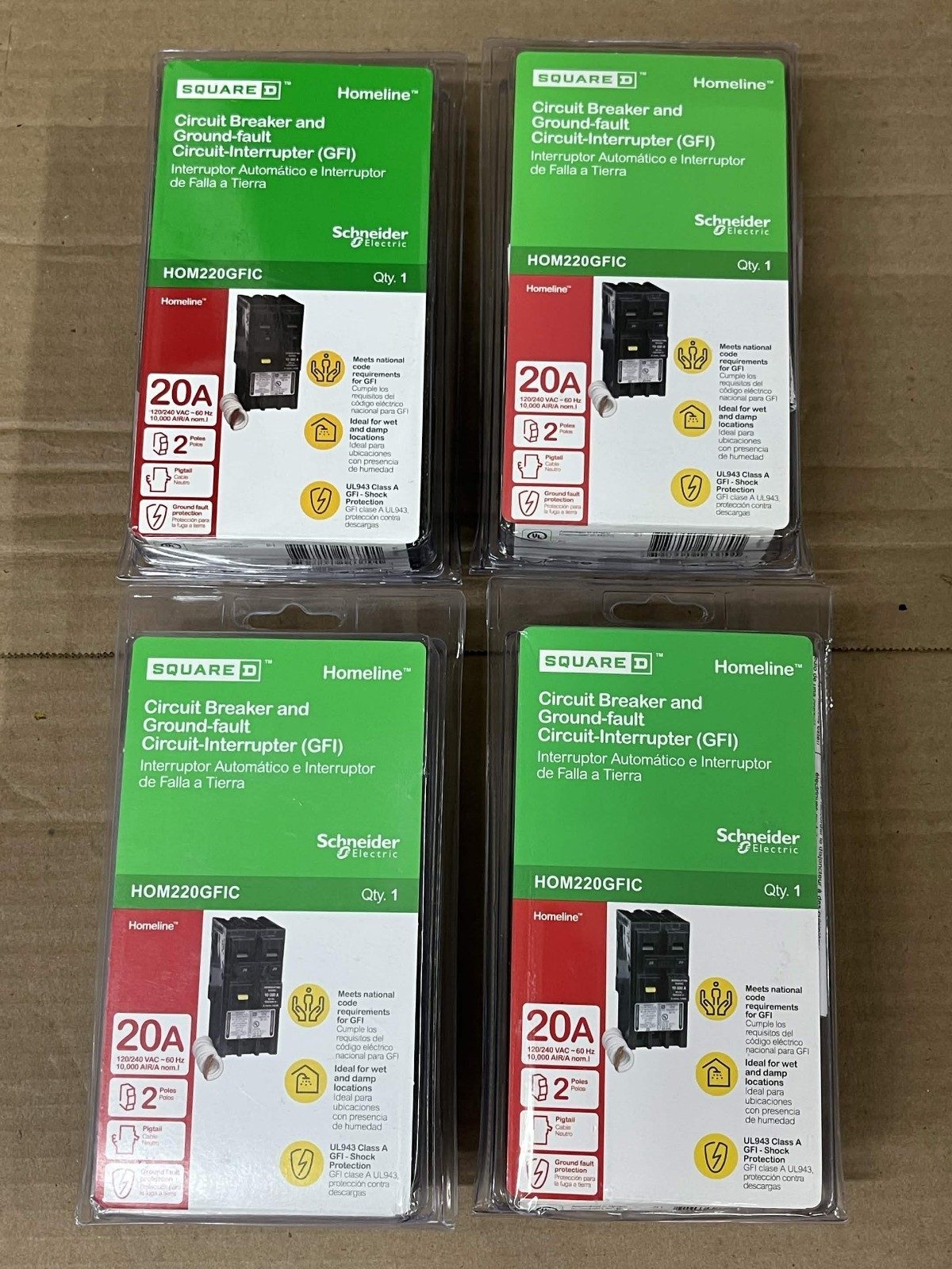 New Square D Homeline 20 Amp 2-Pole GFCI Breaker HOM220GFIC 120/240V Lot of 4