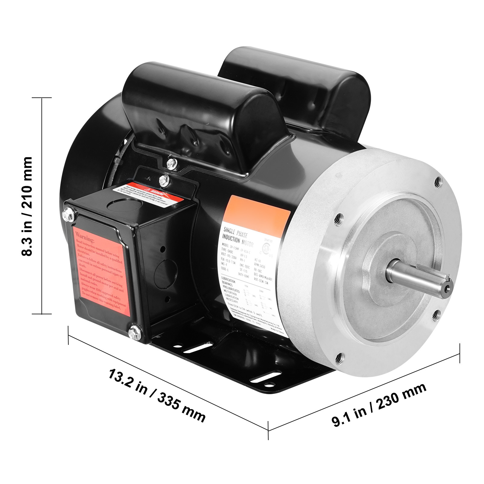VEVOR 1.5HP Electric Motor 3450RPM 56C Frame 1-Phase 5/8″ Keyed Shaft 115V/230V