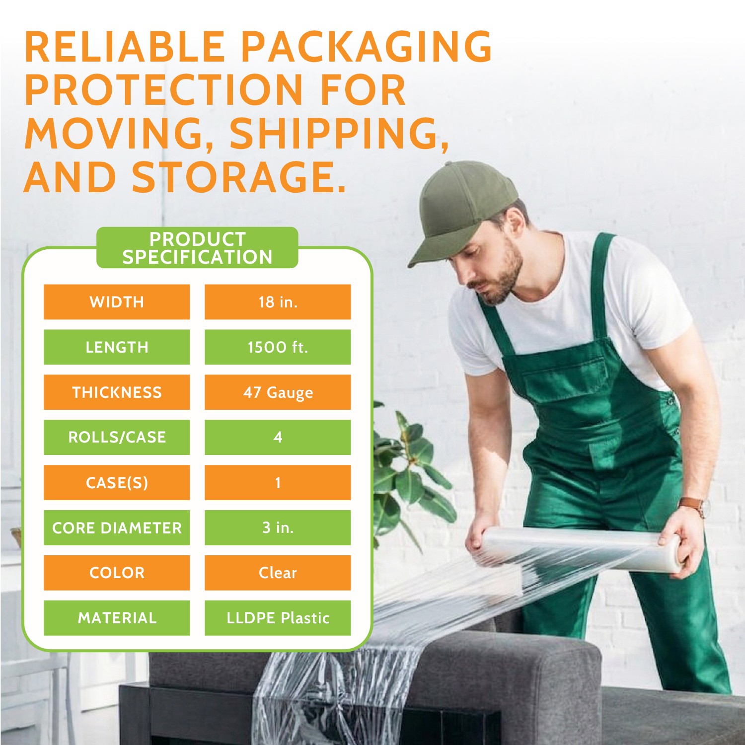 4 Rolls 18″ x 1500′ Pallet Cast Stretch Hand Shrink Film Wrap (80 Gauge) Clear