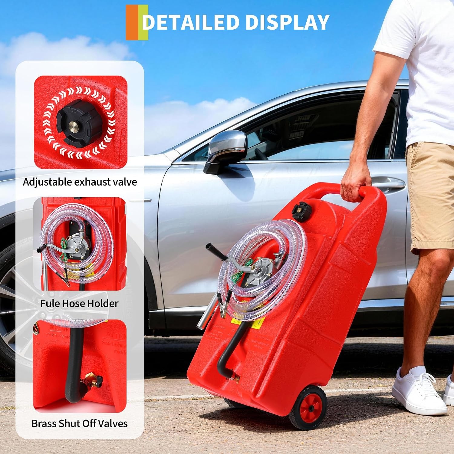 15 Gal Portable Fuel Caddy Gas Storage Tank Container Manual Pump 10 ft Hose