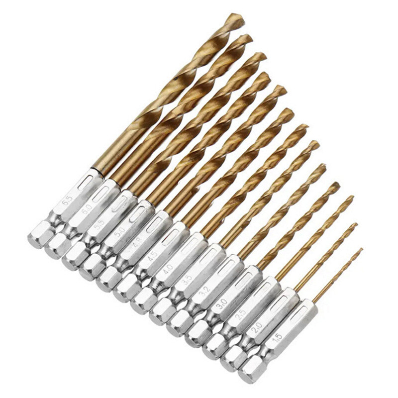 13pcs 1/4» Hex Shank Titanium Coated HSS Steel DRILL BIT Set Metal Wood Plastic