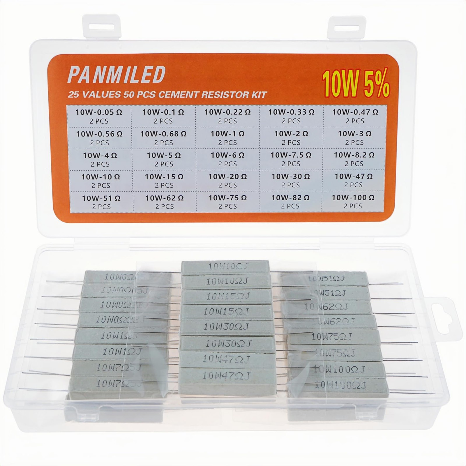 PANMILED 25 Values 50 Pieces Cement Resistor KIT 10W ±5% Ceramic Power…