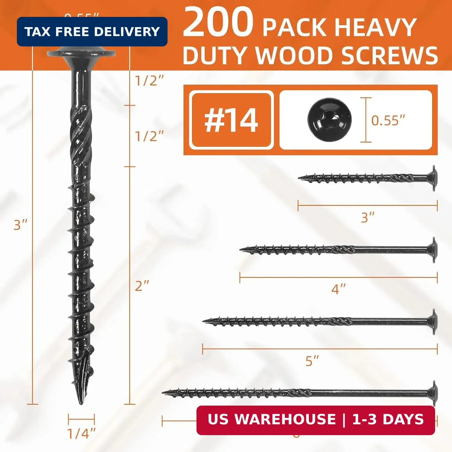 #14 x 3 Wood Structural Screws, Wood Screws, 200Pcs Lag Screws 3 Inch, Rust Resi