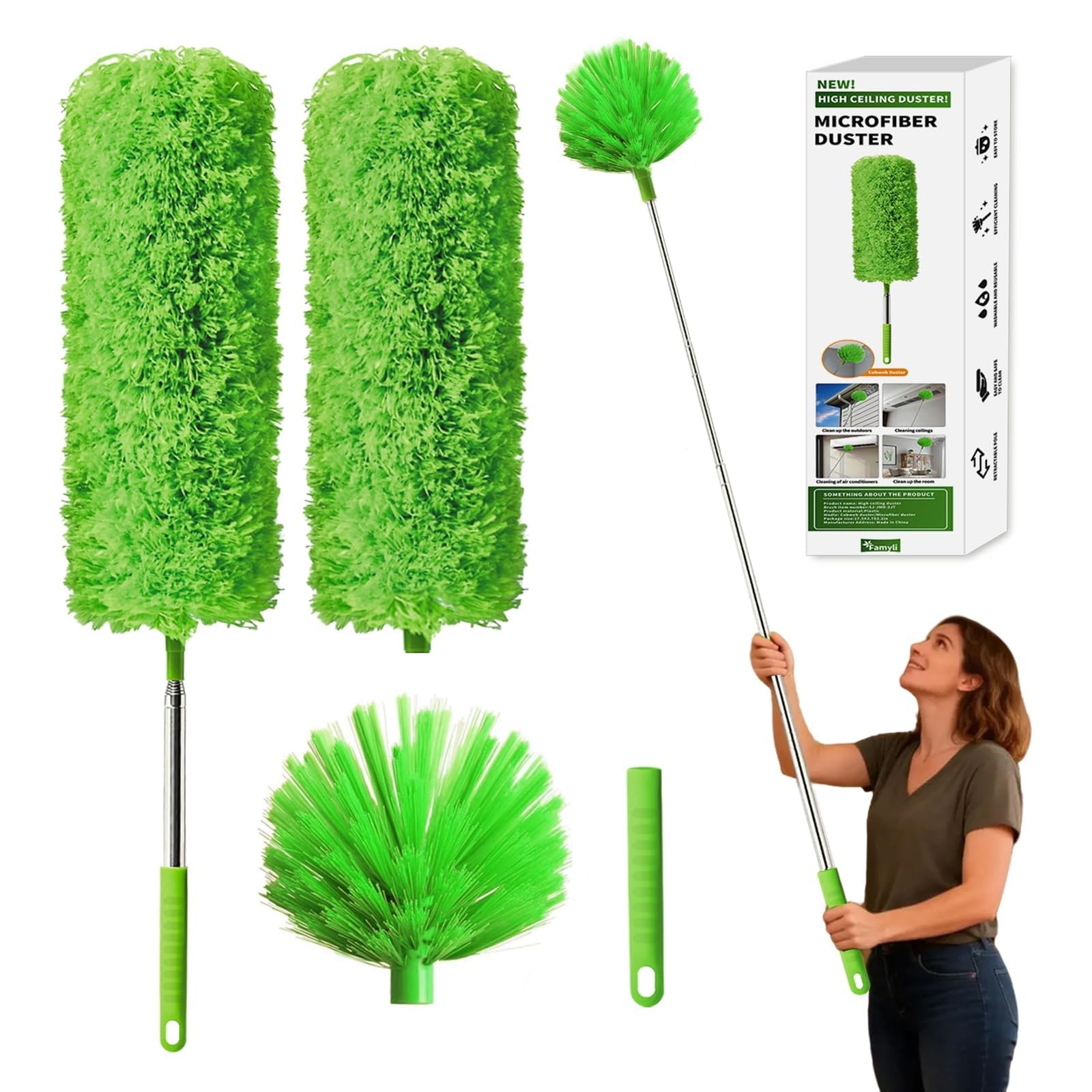 Cobweb Duster with Extension Pole, Washable Cleaning 110 inches, Green
