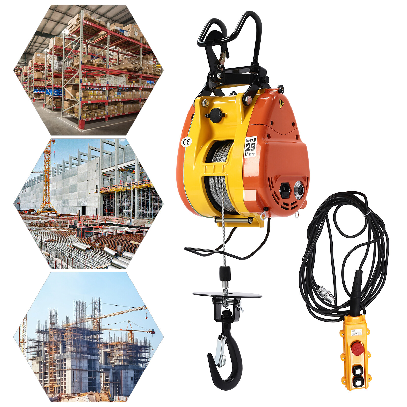 1300W 500lbs Electric Hoist 95ft Lifting Crane Winch w/Wired Remote Control 110V