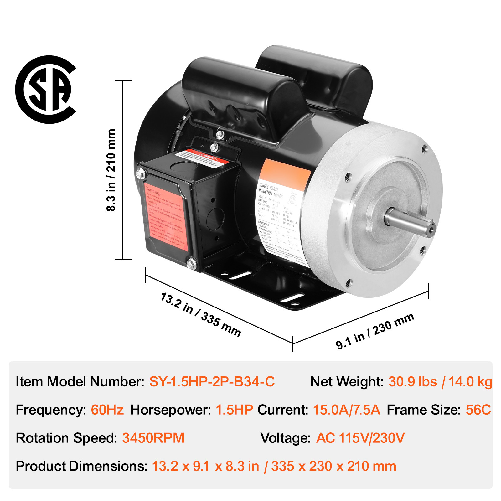 VEVOR 1.5HP Electric Motor 3450RPM 56C Frame 1-Phase 5/8″ Keyed Shaft 115V/230V