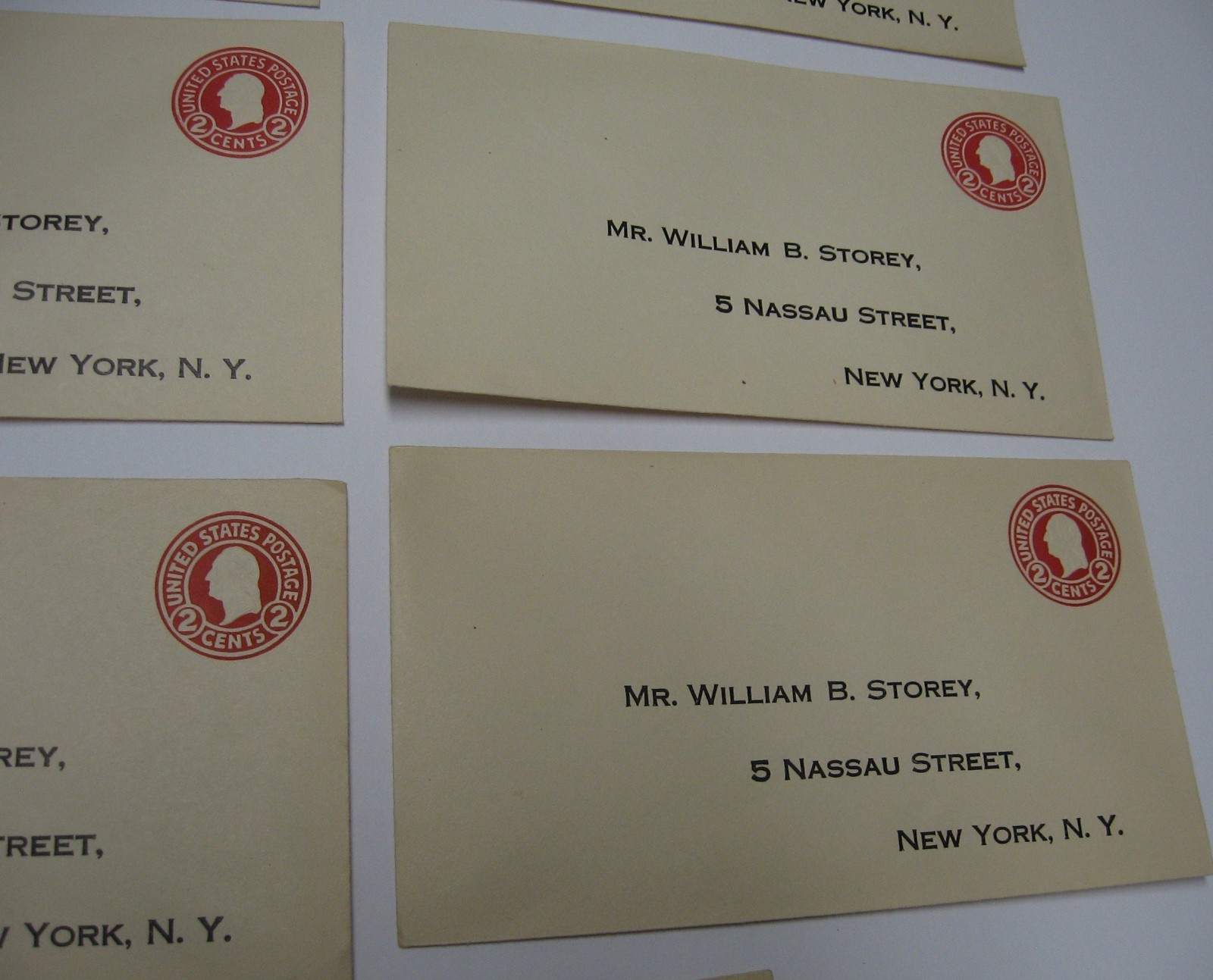 7-Business Envelopes Prepaid 2 cents 1920’s William B. Storey, Nassau St. NY, NY