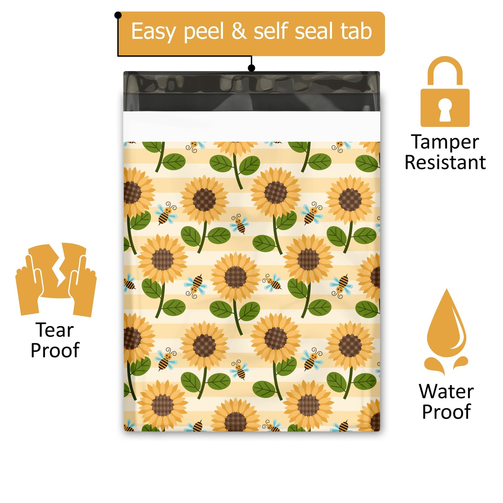 12×15 (50) Sunflowers & Bees Designer Poly Mailers Shipping Envelopes Premium…