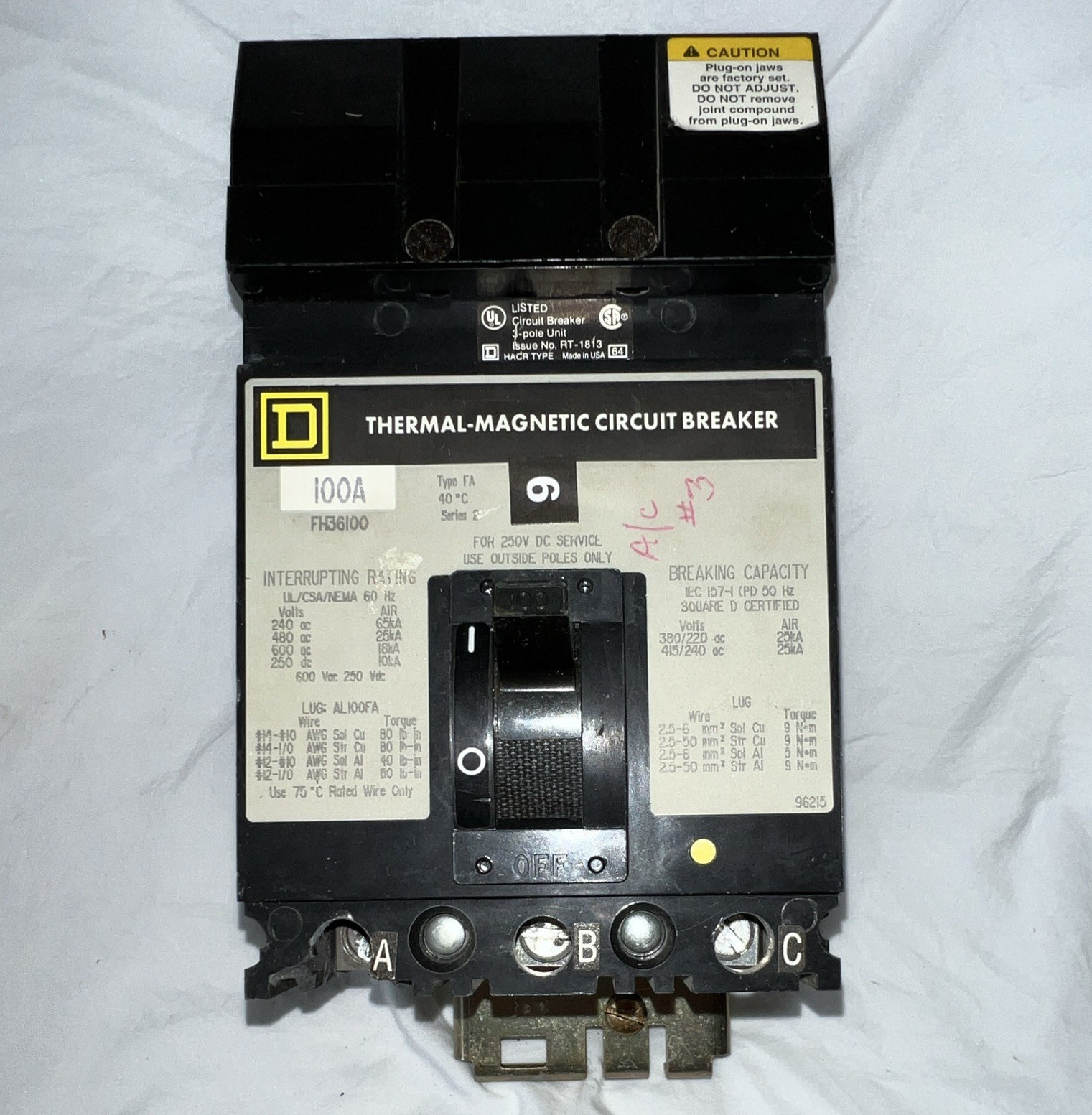 Square D FH36100 100A 3-Pole Thermal-Magnetic Circuit Breaker 451-500V