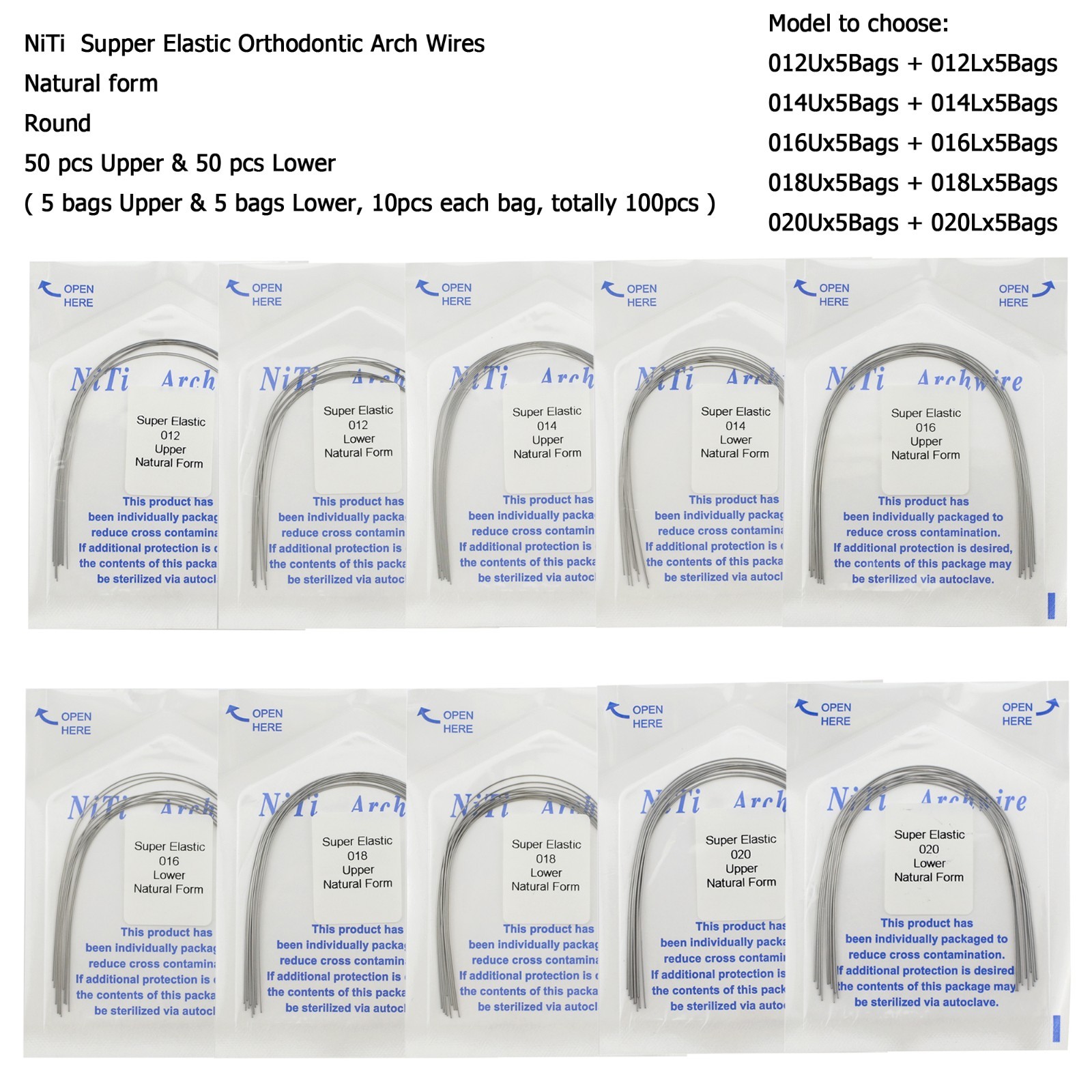 100PC Orthodontic Arch Wire Niti Stainless Steel Ovoid Natural Round Rectangular