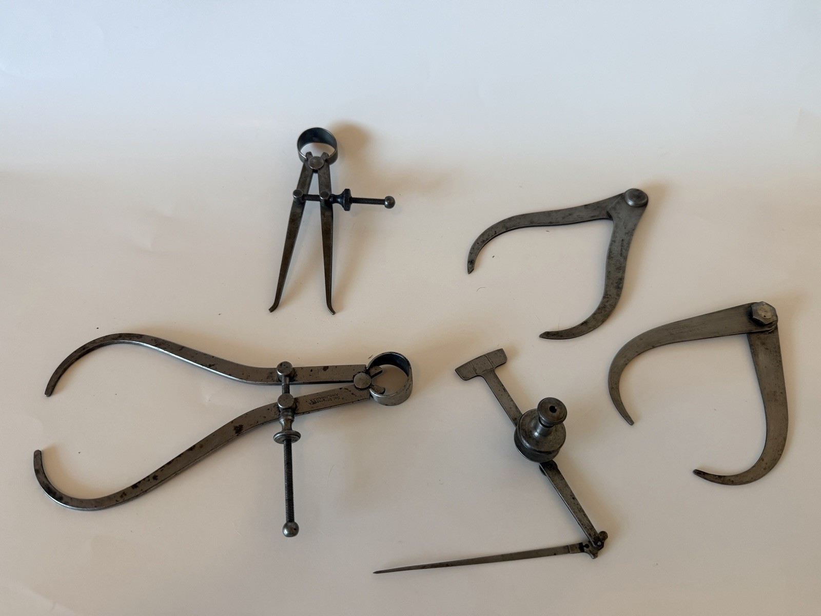 Vintage Lot Of 5 Metal Measuring Calipers LS Starrett Co Union Tool Co Unbrand